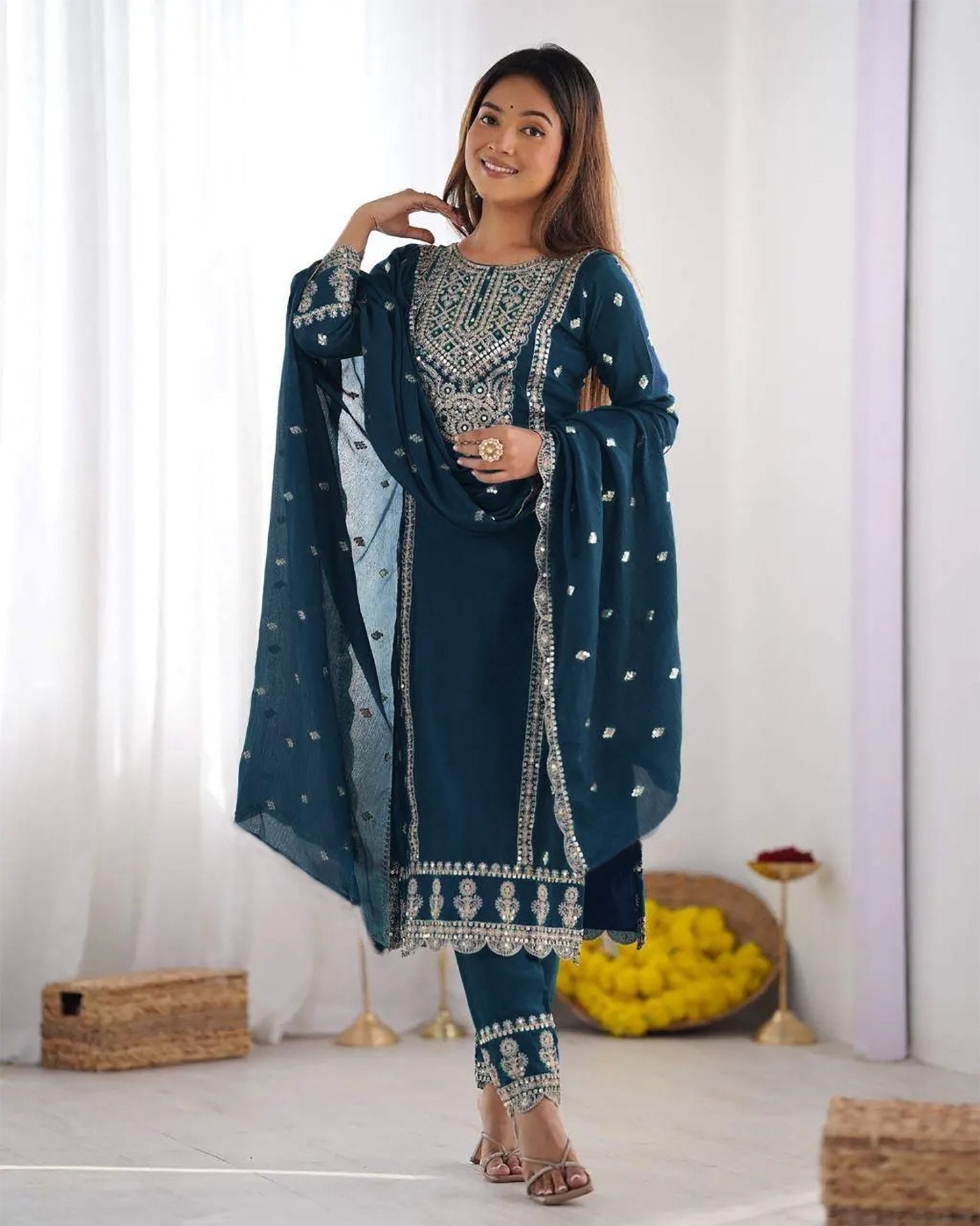 Blue tesla embroidered women silk kurta pant dupatta set