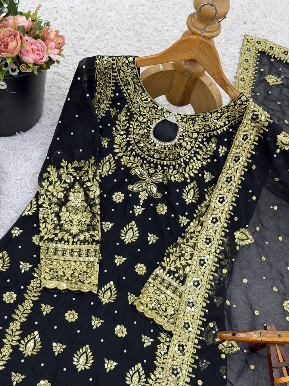 Black Heavy Faux Georgette Embroidery Sequence Work With Full Sleeve Top-Palazzo and Dupatta
