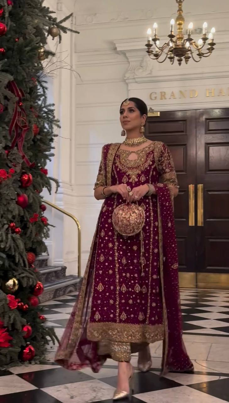 Maroon Heavy Faux Georgette Embroidery Sequence Work With Full Sleeve Top-Palazzo and Dupatta