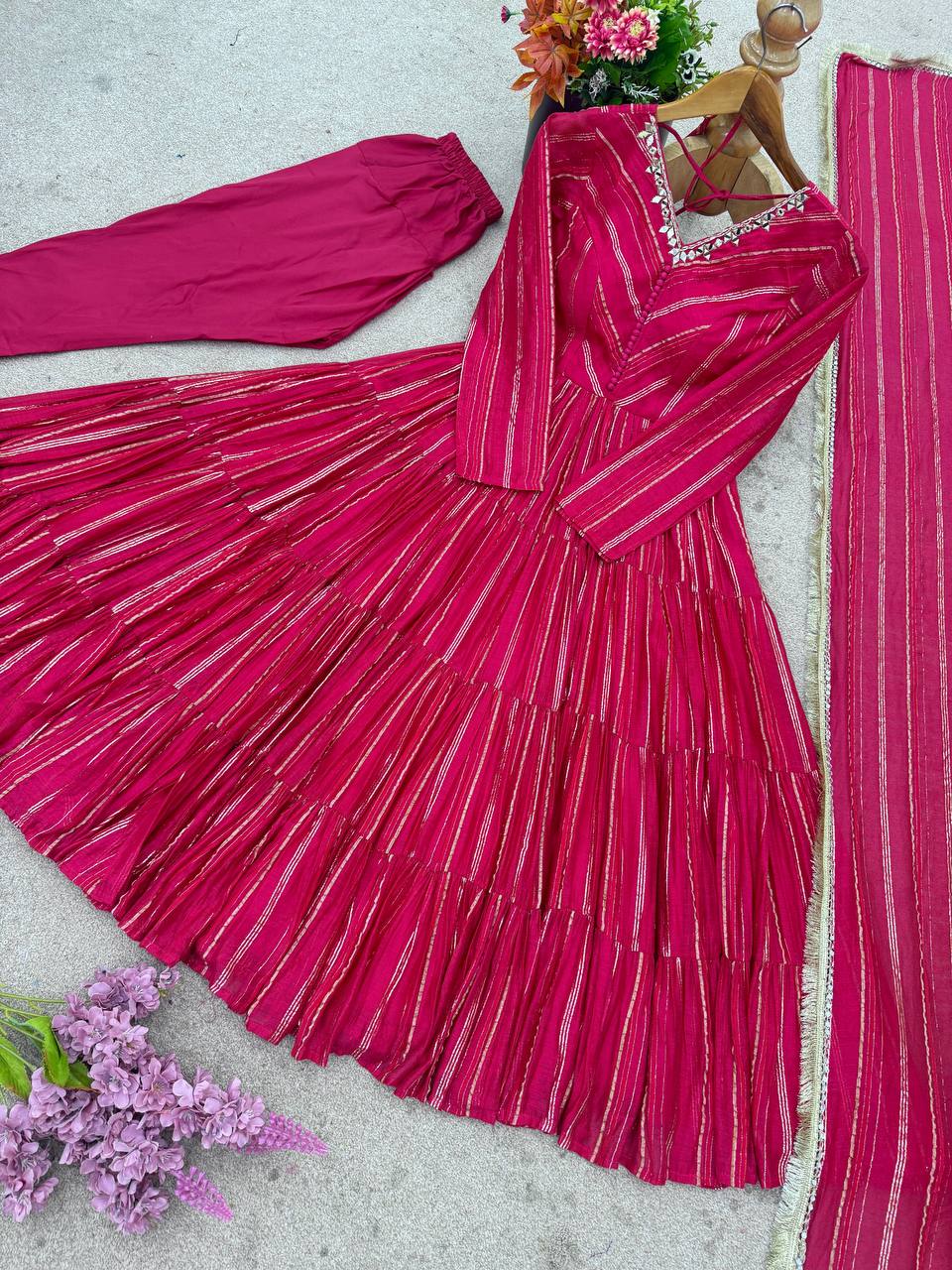 Pink chanderi Women’s Ethnic Wear Ruffle Gown