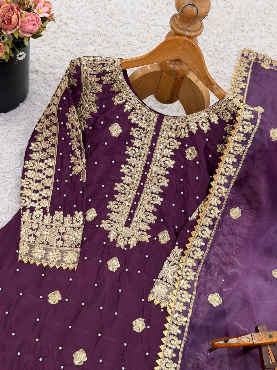 Purple crep silk with embroidery sequence work top-bottom and dupatta set fully stitched ready to wear