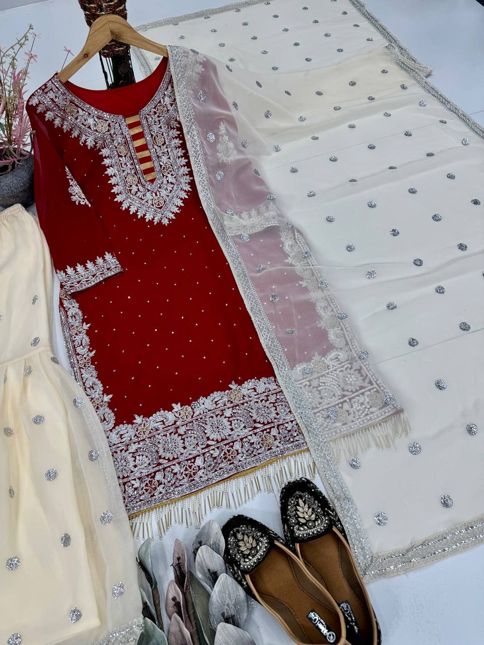 Red heavy fuax georgette sequence work with fancy lace sharara suit set