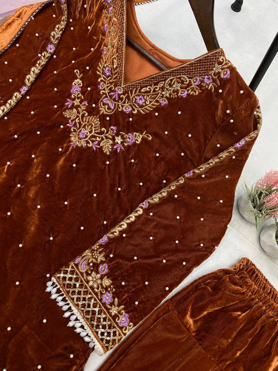 Brown VELVET embroidery work with lace kurti palazzo and dupatta