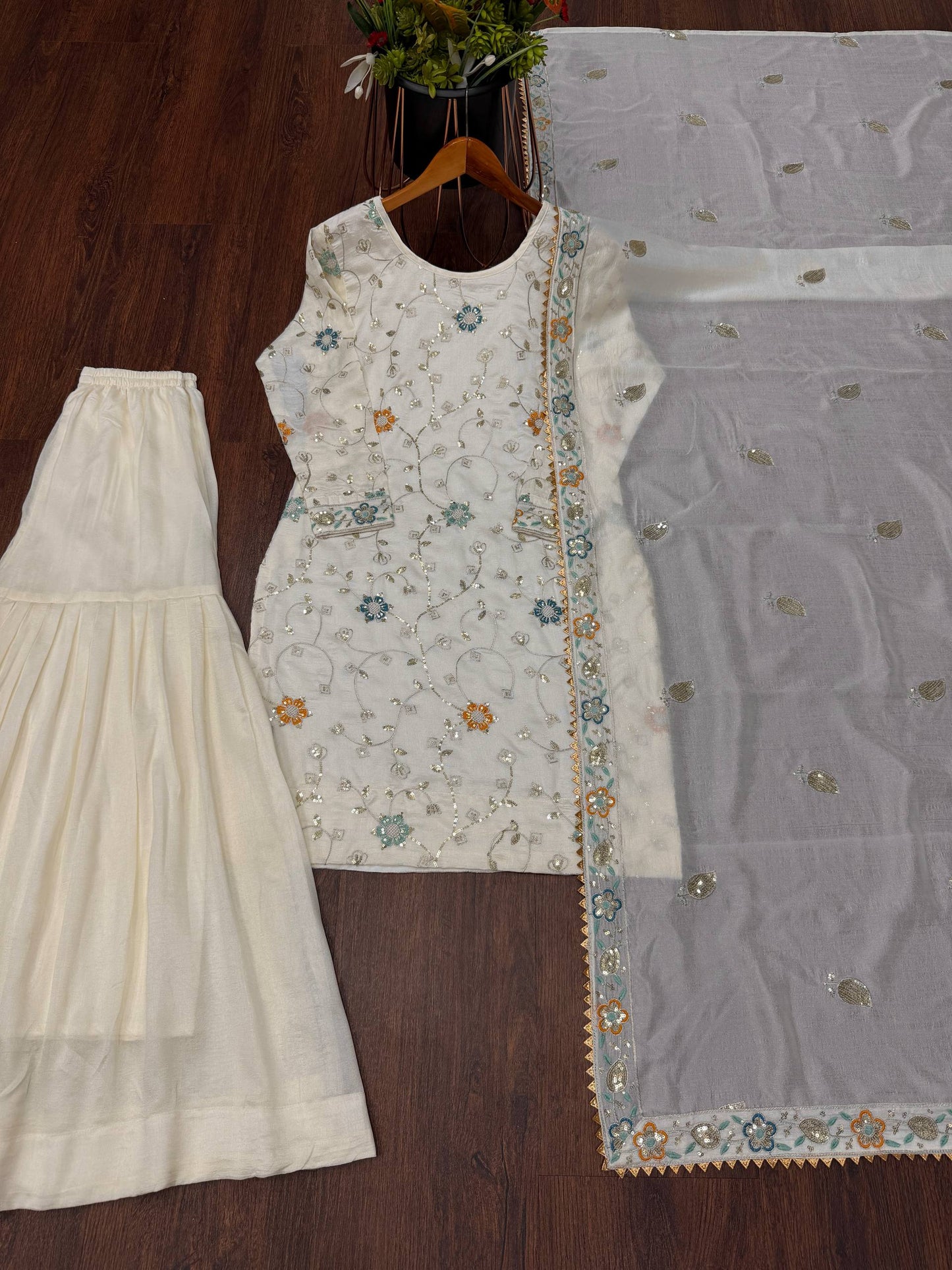 Cream pure chinon embroidery sequence work women’s ethnic wear
