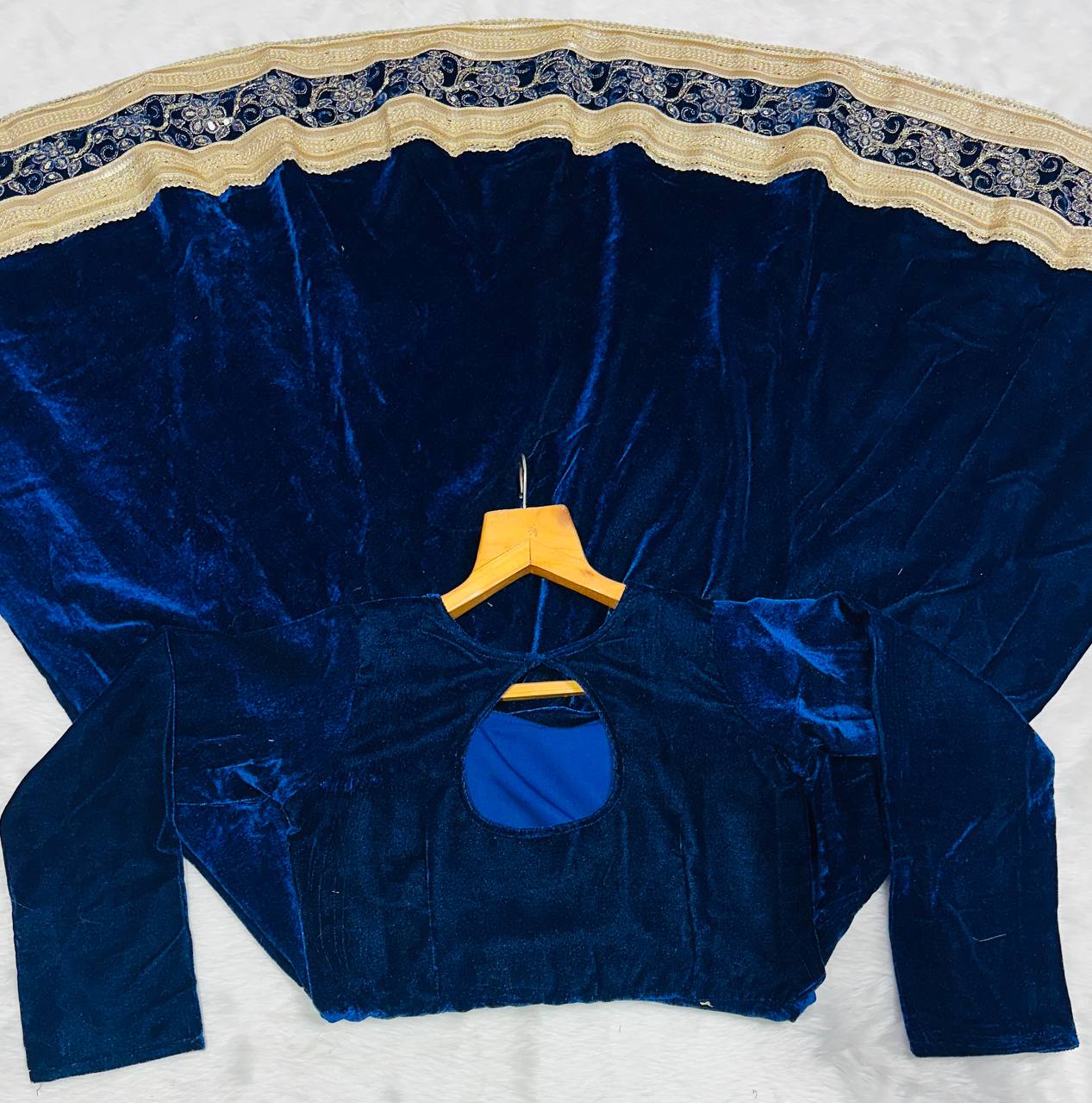 Navy blue viscose velvet with embroidery with work top-bottom and pant