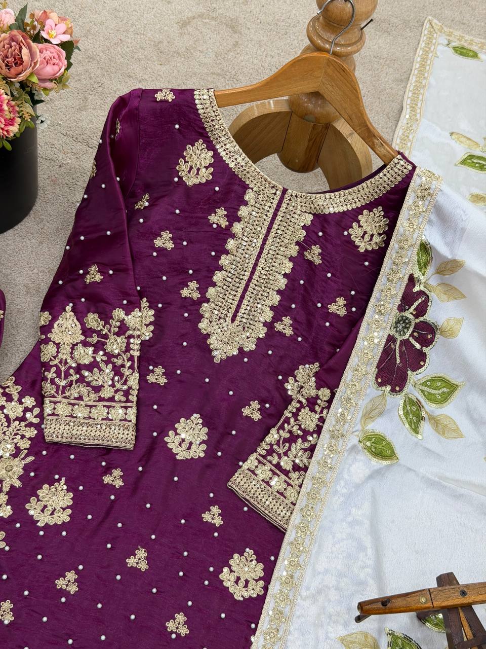 Purple pure gmy silk with heavy embroidery top-bottom and dupatta