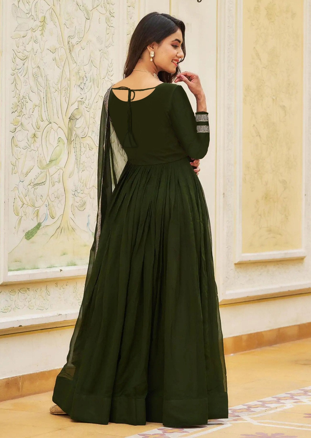 Mehndi georgette embroidered anarkali gown and dupatta