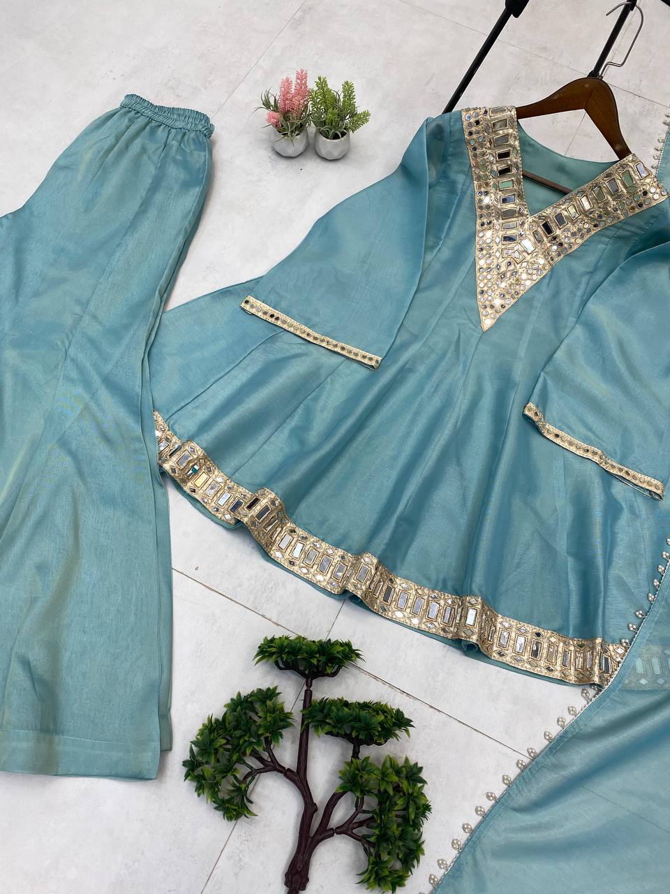 Blue cosmos mirror with embroidery work top palazzo and dupatta