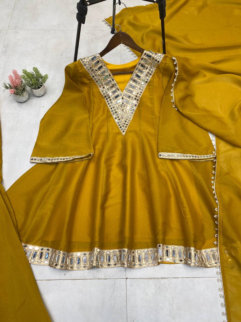 Yellow cosmos mirror with embroidery work top palazzo and dupatta