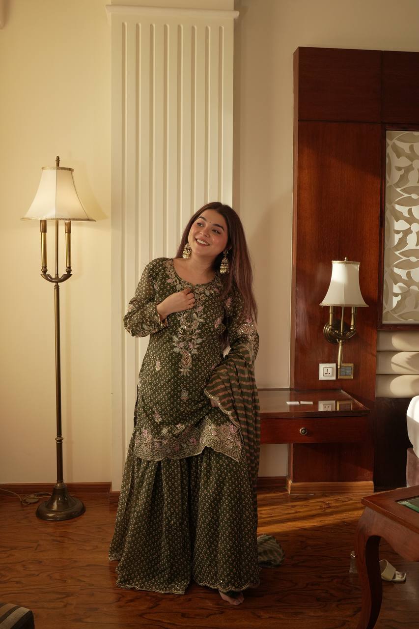 Mehndi printed chinon embroidery work kurti sharara and dupatta