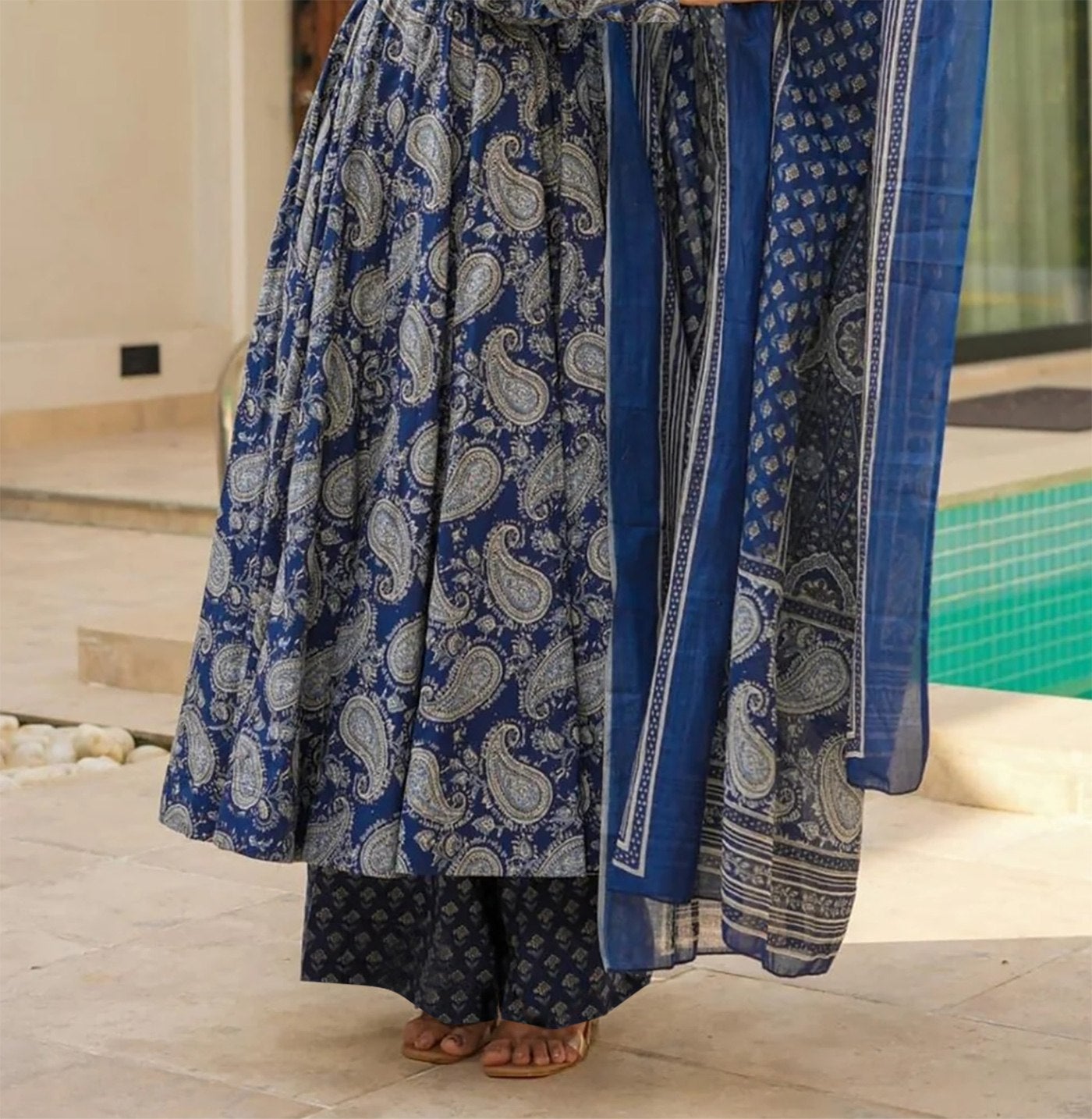 Blue rayon slub printed anarkali pent dupatta set