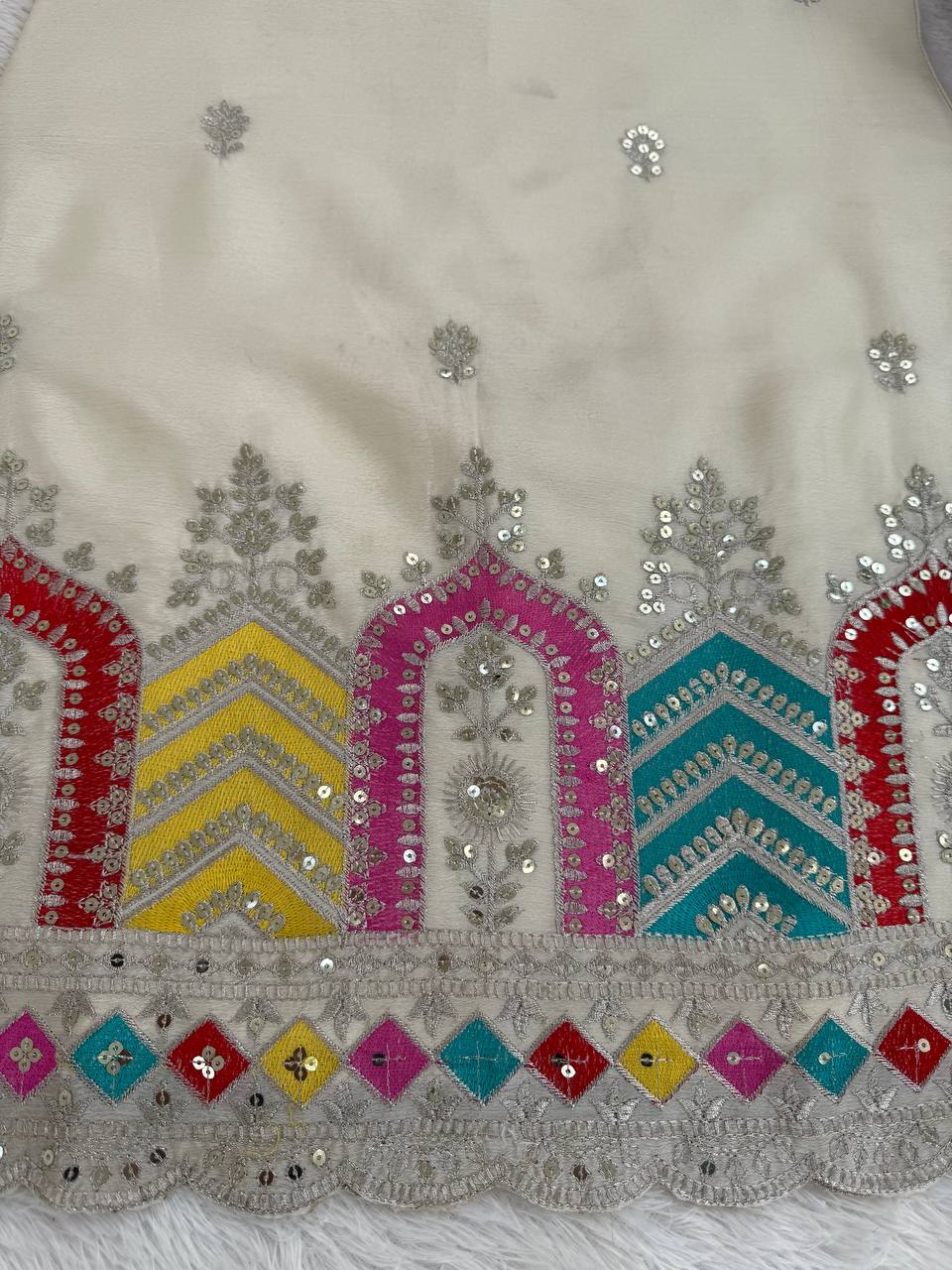 Cream chinnon silk thread & sequence work top-sharara and dupatta set