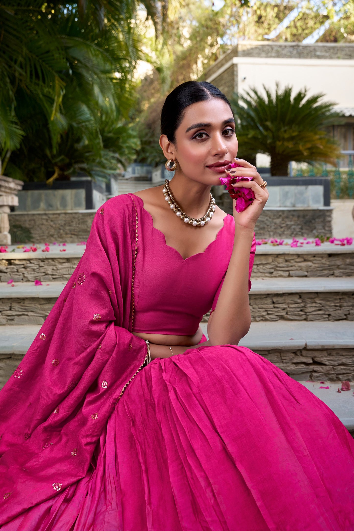 Dark pink pure chanderi zari weaving work border lehenga, blouse and dupatta
