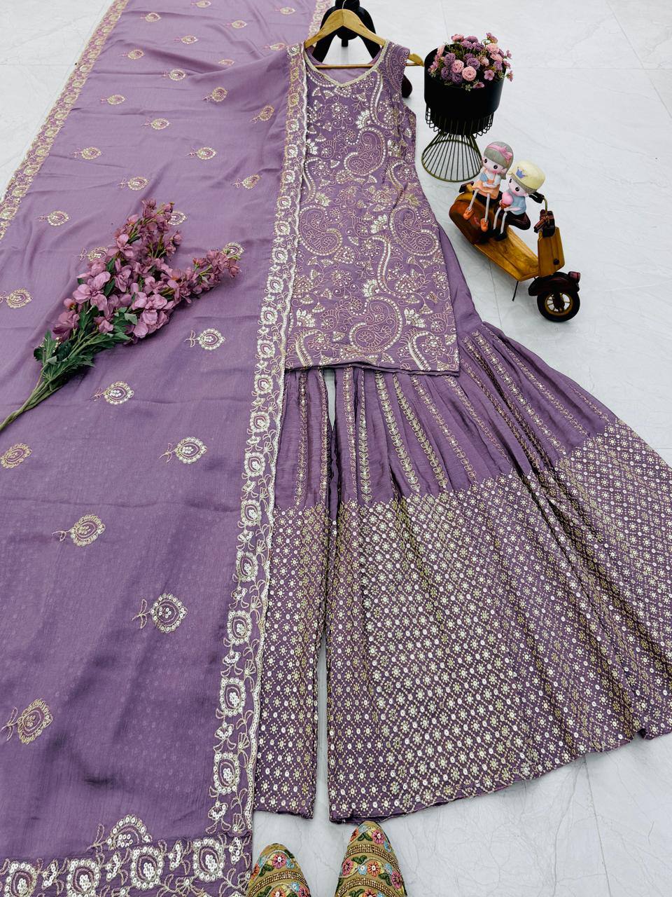 Purple chinon silk sequence embroidery work top Sharara & Dupatta Set