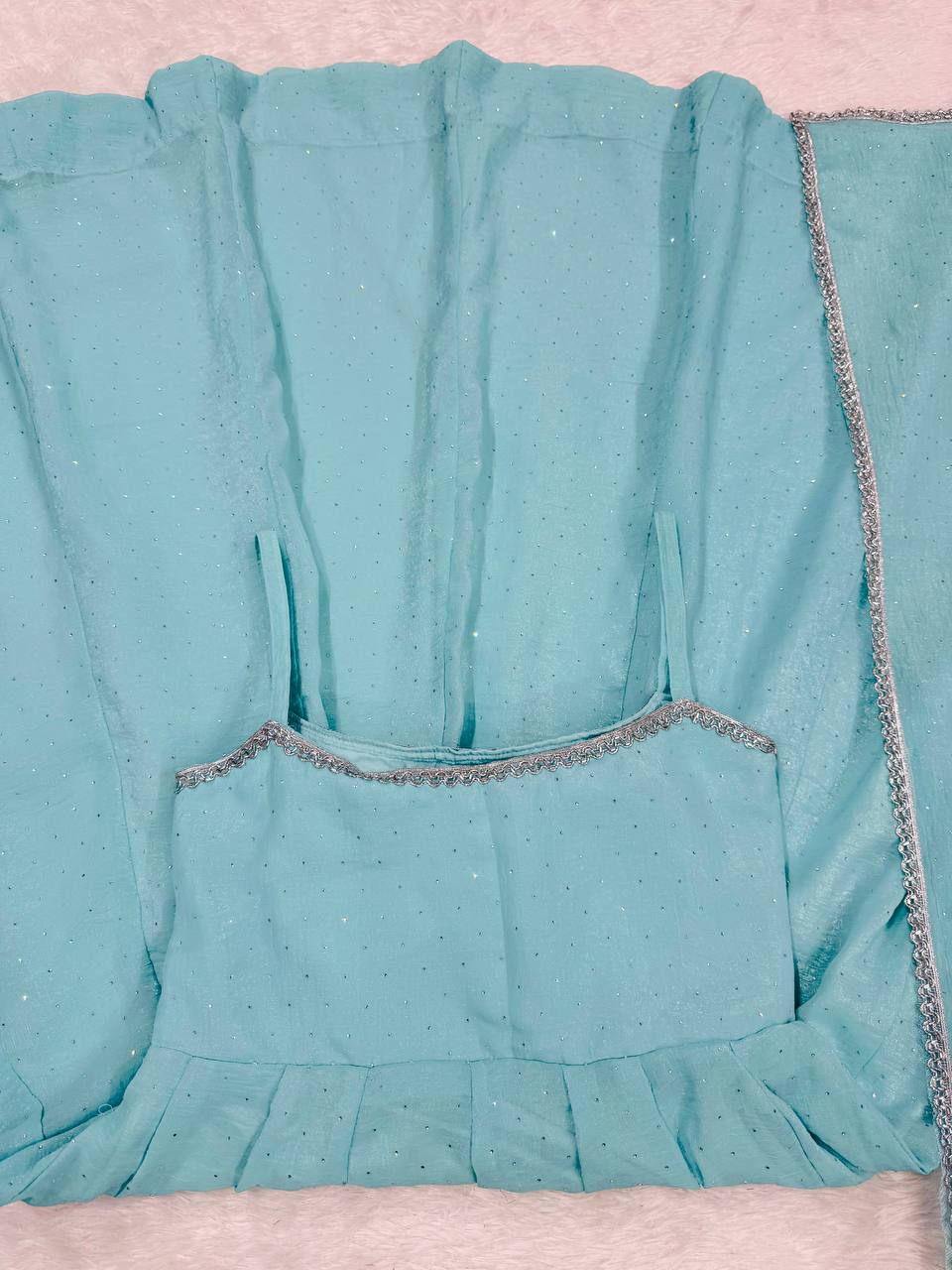Blue crunch silk hot fixing work top-pant and dupatta set