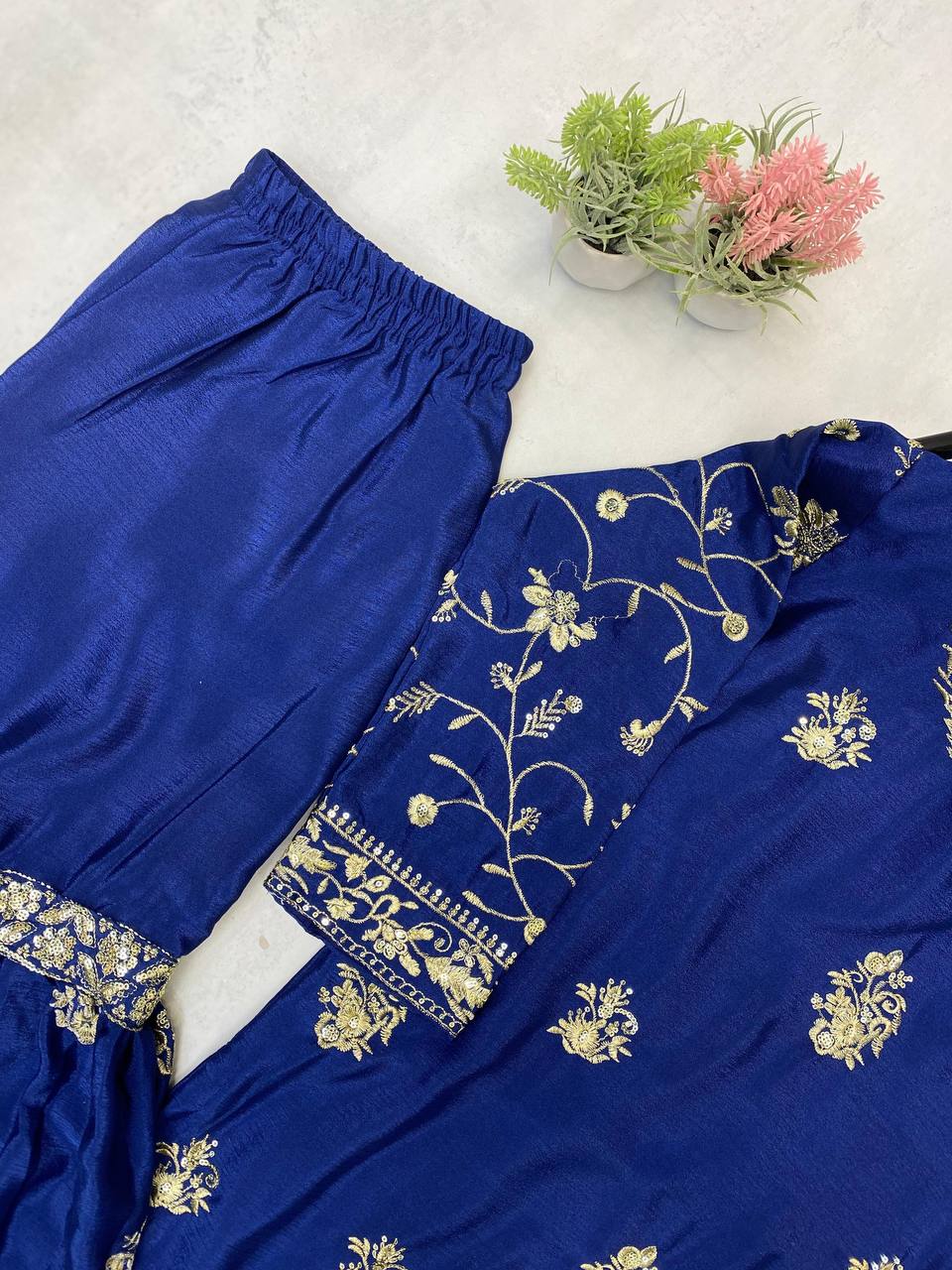 Blue chinon sequence embroidery work suit sharara and Dupatta