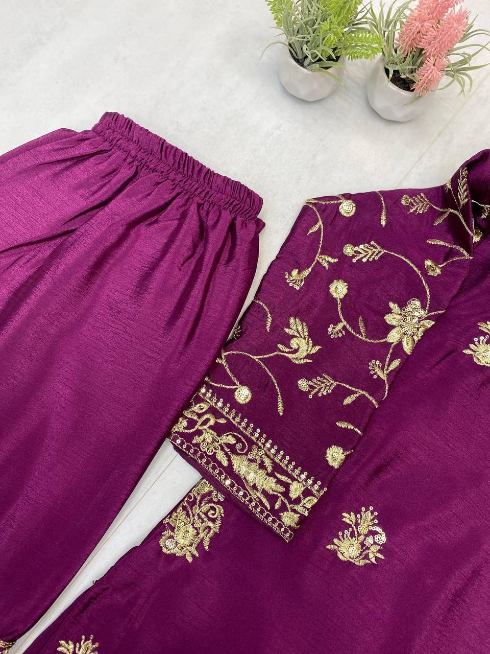 Purple chinon sequence embroidery work suit sharara and Dupatta