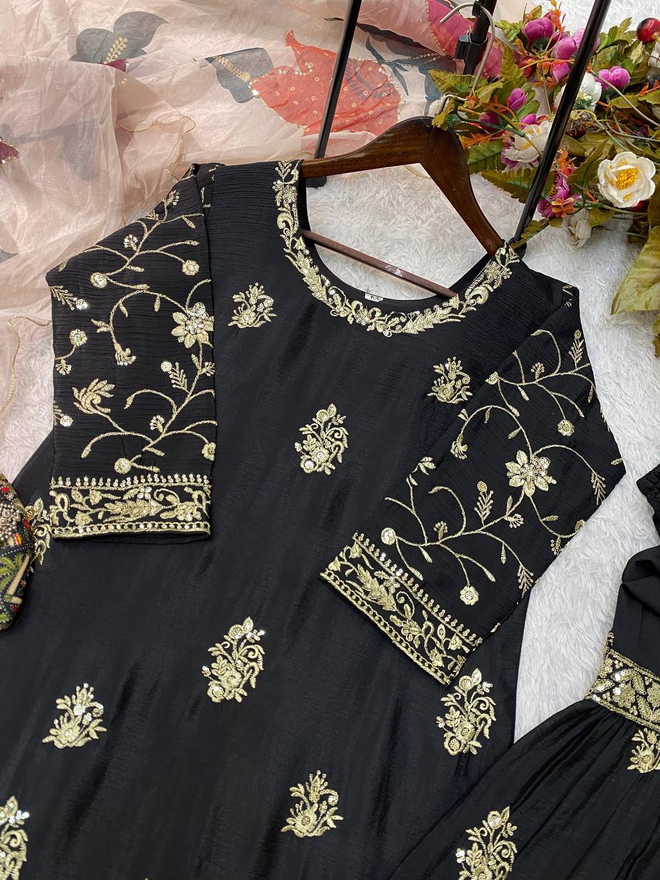 Black chinon sequence embroidery work suit sharara and Dupatta
