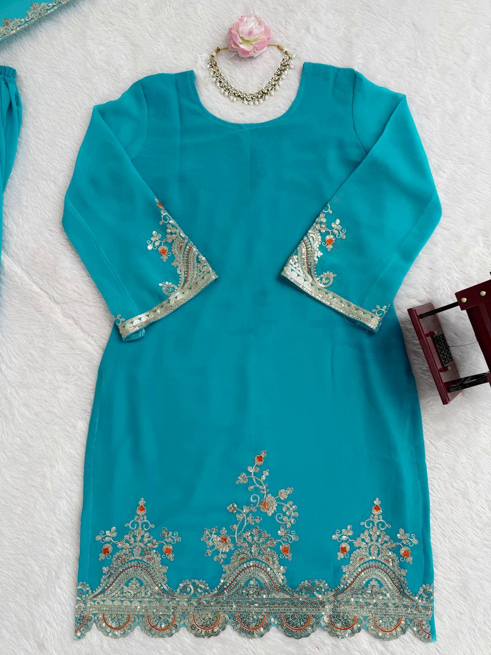 Sky blue faux georgette thread & sequence work top-sharara and dupatta set