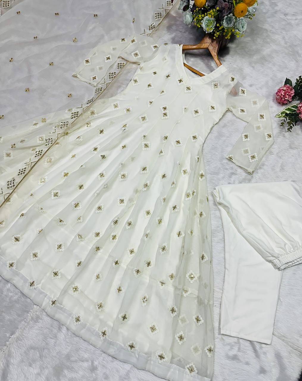 White faux blooming with embroidered thread work anarkali suit set