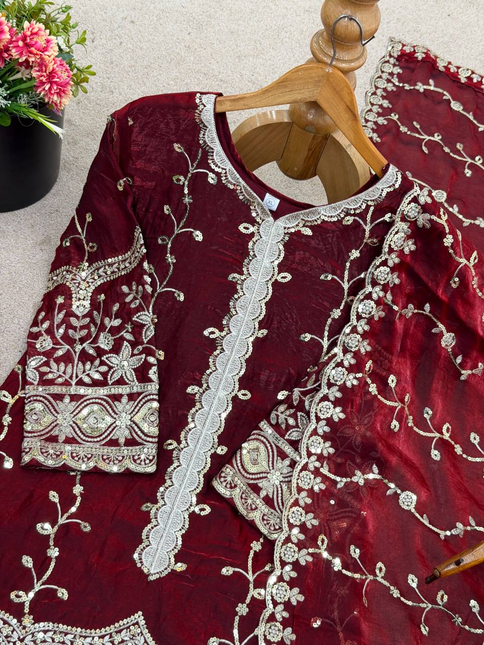 Maroon pure fendy silk with embroidery sequence work top-bottom and dupatta set