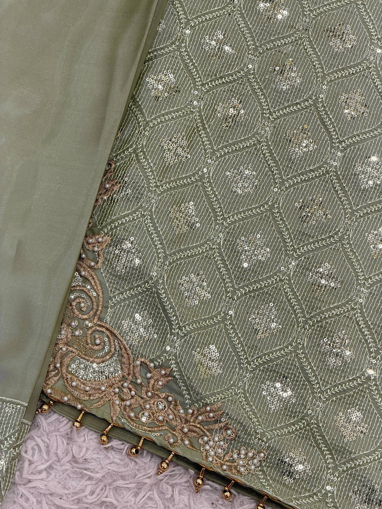 Green pure gmy silk with heavy embroidery sequence work top-bottom and dupatta set