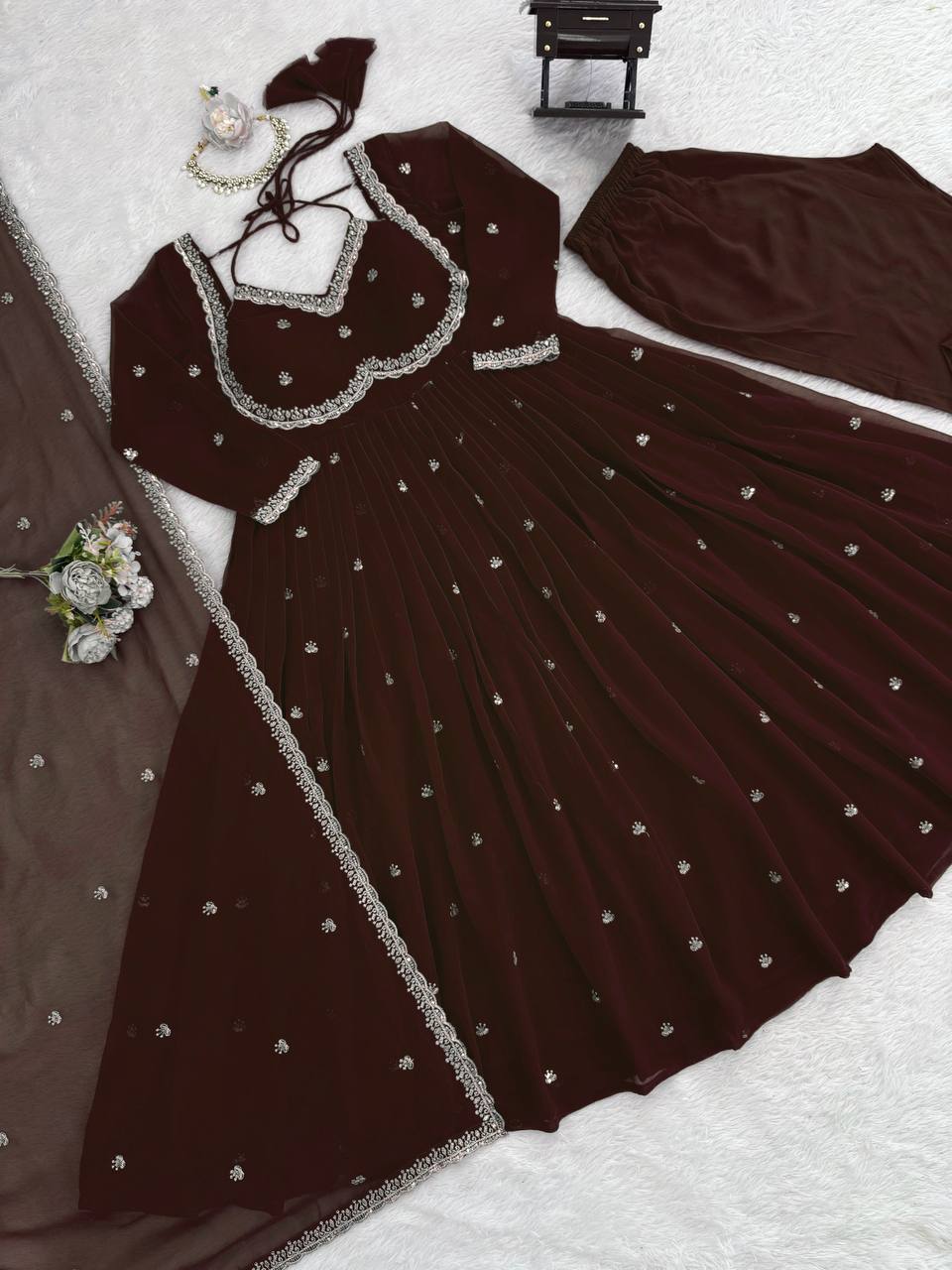 Brown foux georgette Thread with sequence anarkali set