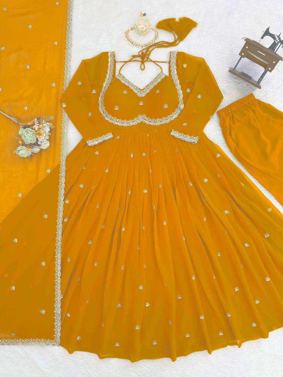 Gold foux georgette Thread with sequence anarkali set