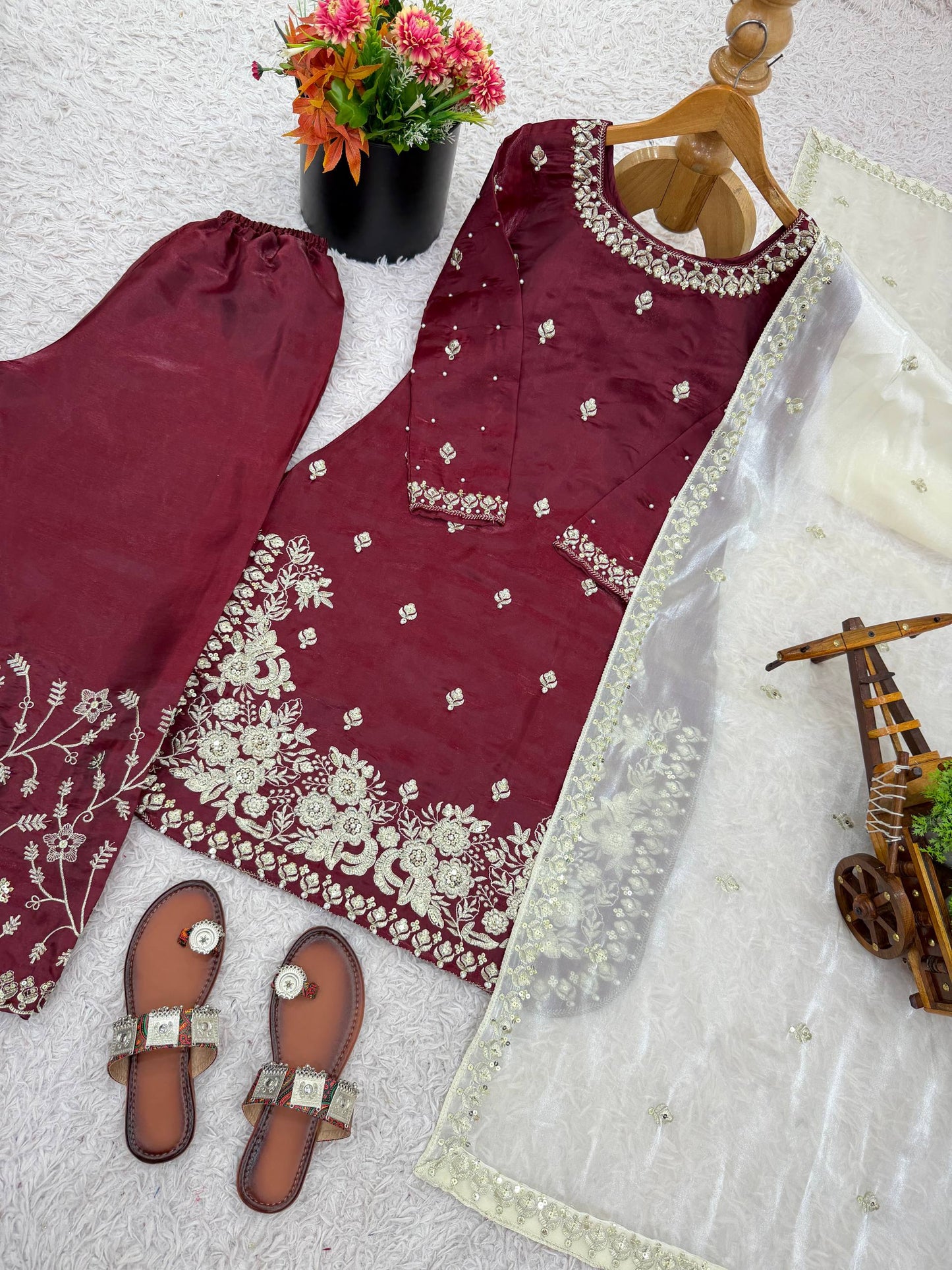 Red gmy silk embroidery sequence work top-palazzo and dupatta