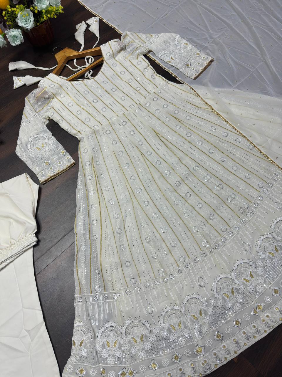 White faux blooming embroidered sequins anarkali suit set