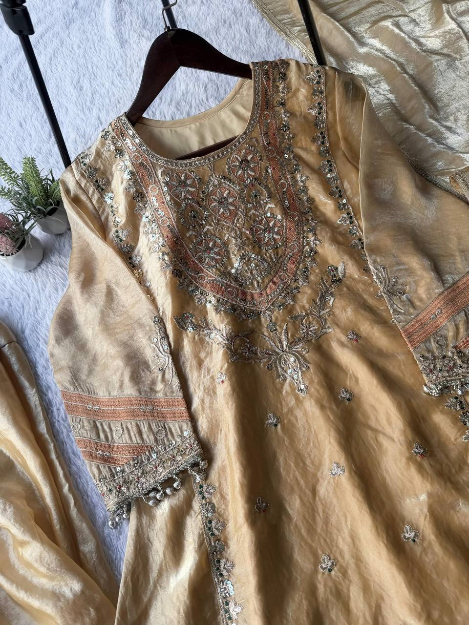 Beige fendy sequence embroidery work top-shalwar and dupatta set