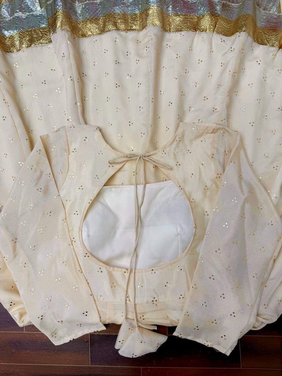 Cream chinnon silk muktesh works gown palazzo and dupatta set