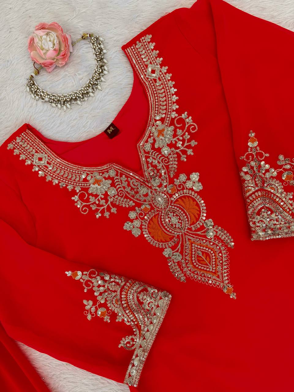 Red faux georgette thread & sequence work top-sharara and dupatta set