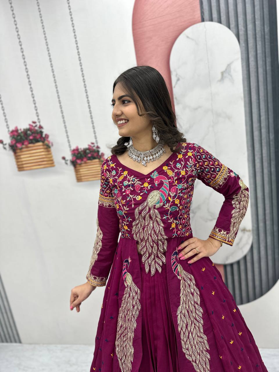 Purple vichitra embroidery thread sequence work top-lehenga set
