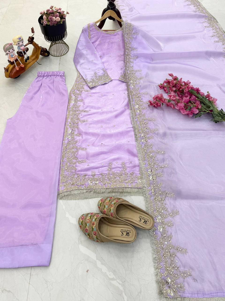Light purple gmy chow embroidery sequence work top-palazzo and dupatta set