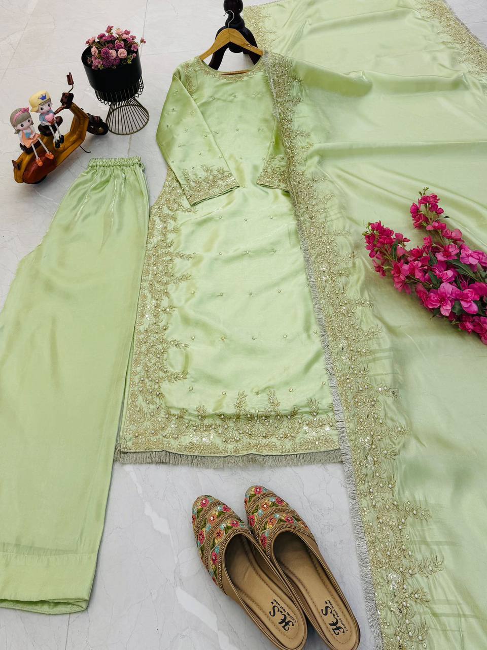 Light green gmy chow embroidery sequence work top-palazzo and dupatta set