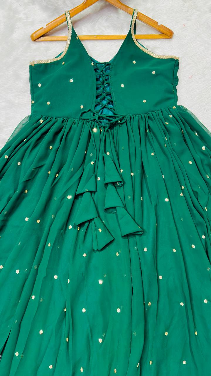 Dark green faux blooming with heavy sequins & zari work anarkali set