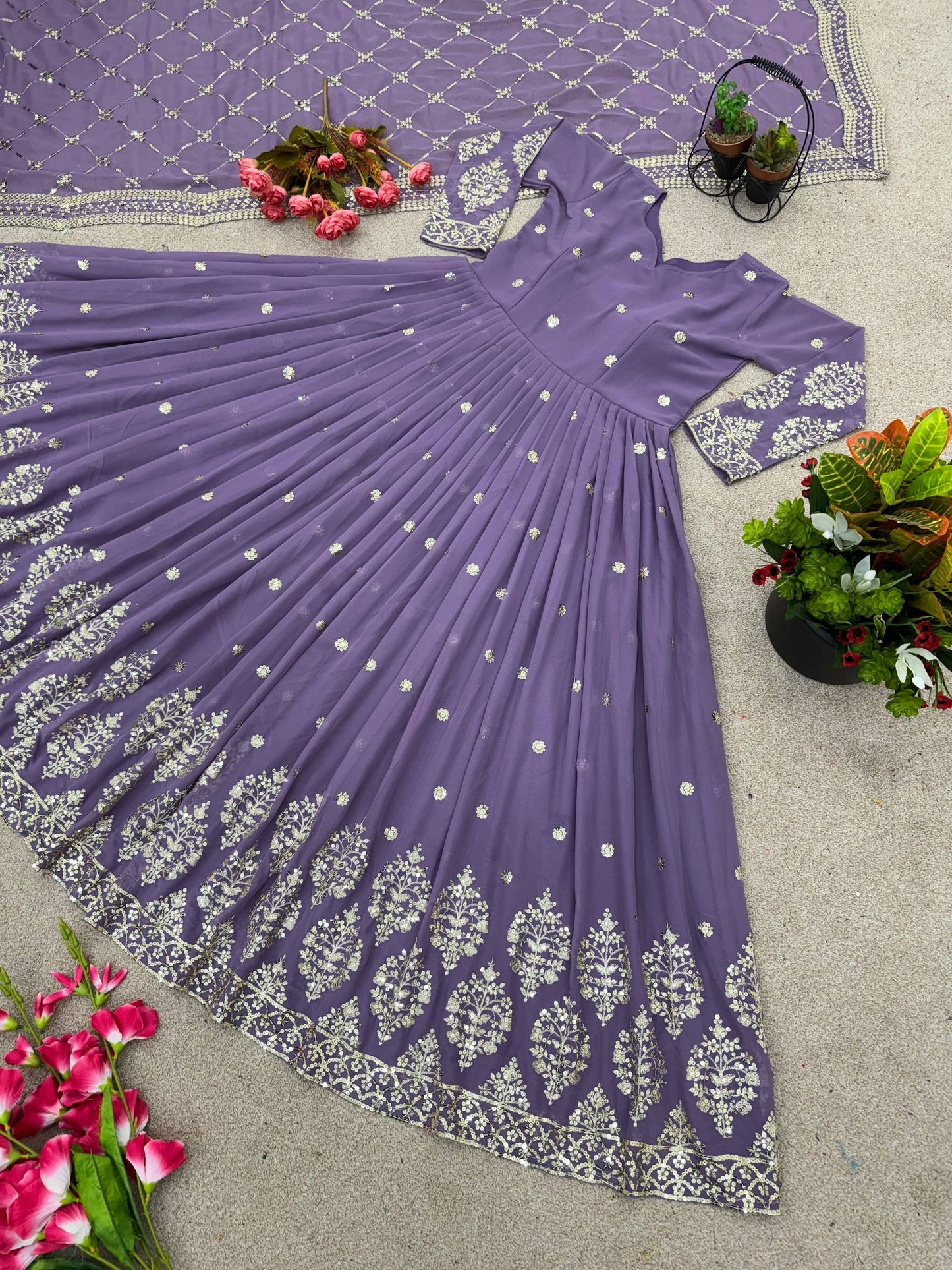 Light purple faux georgette embroidery sequence work gown and dupatta
