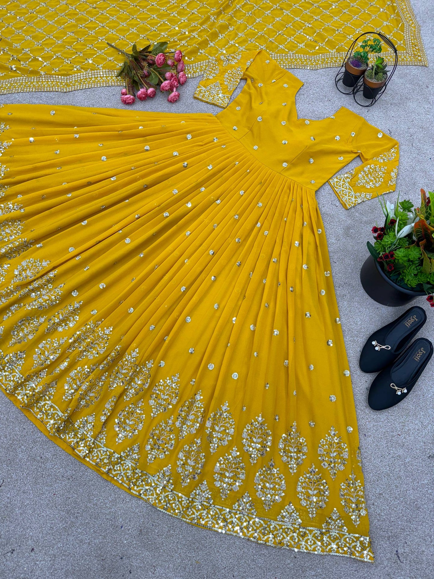 Yellow faux georgette embroidery sequence work gown and dupatta