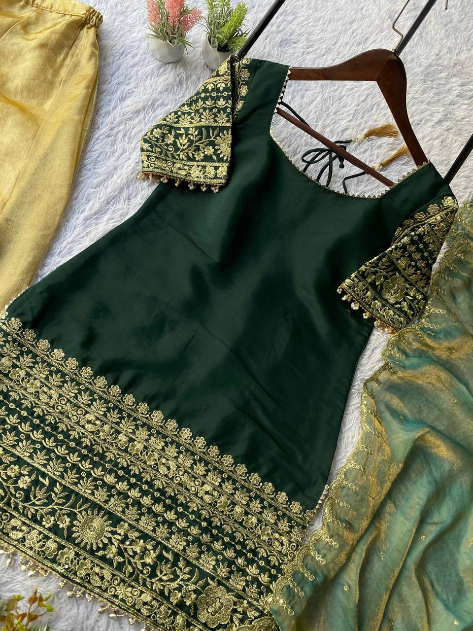 Dark green roman silk sequence embroidery top, palazzo with dupatta