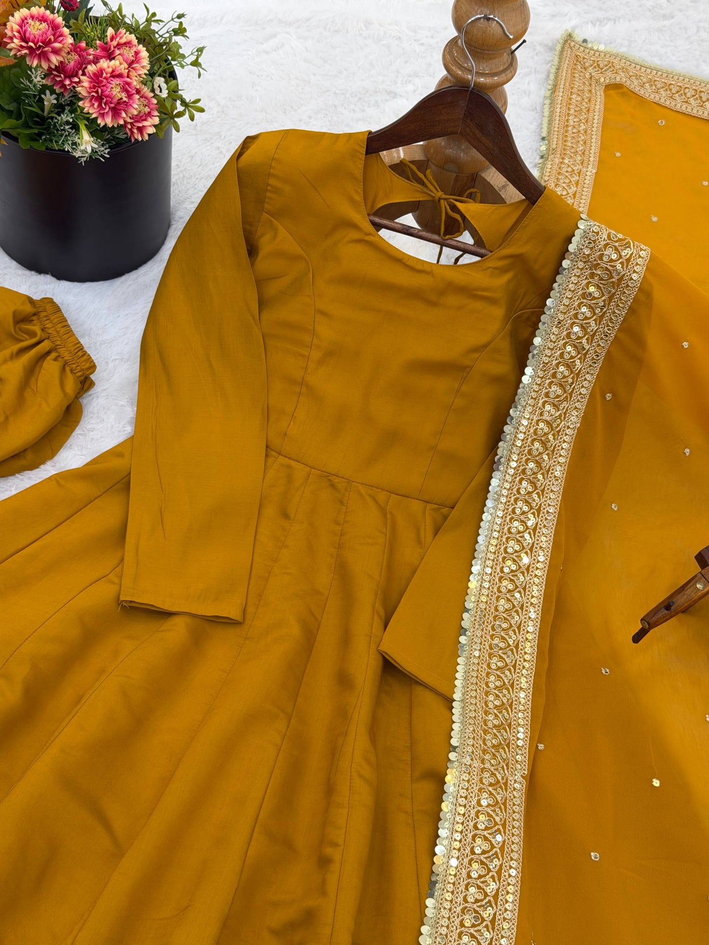 Yellow roman silk sequence work gown, bottom & dupatta set