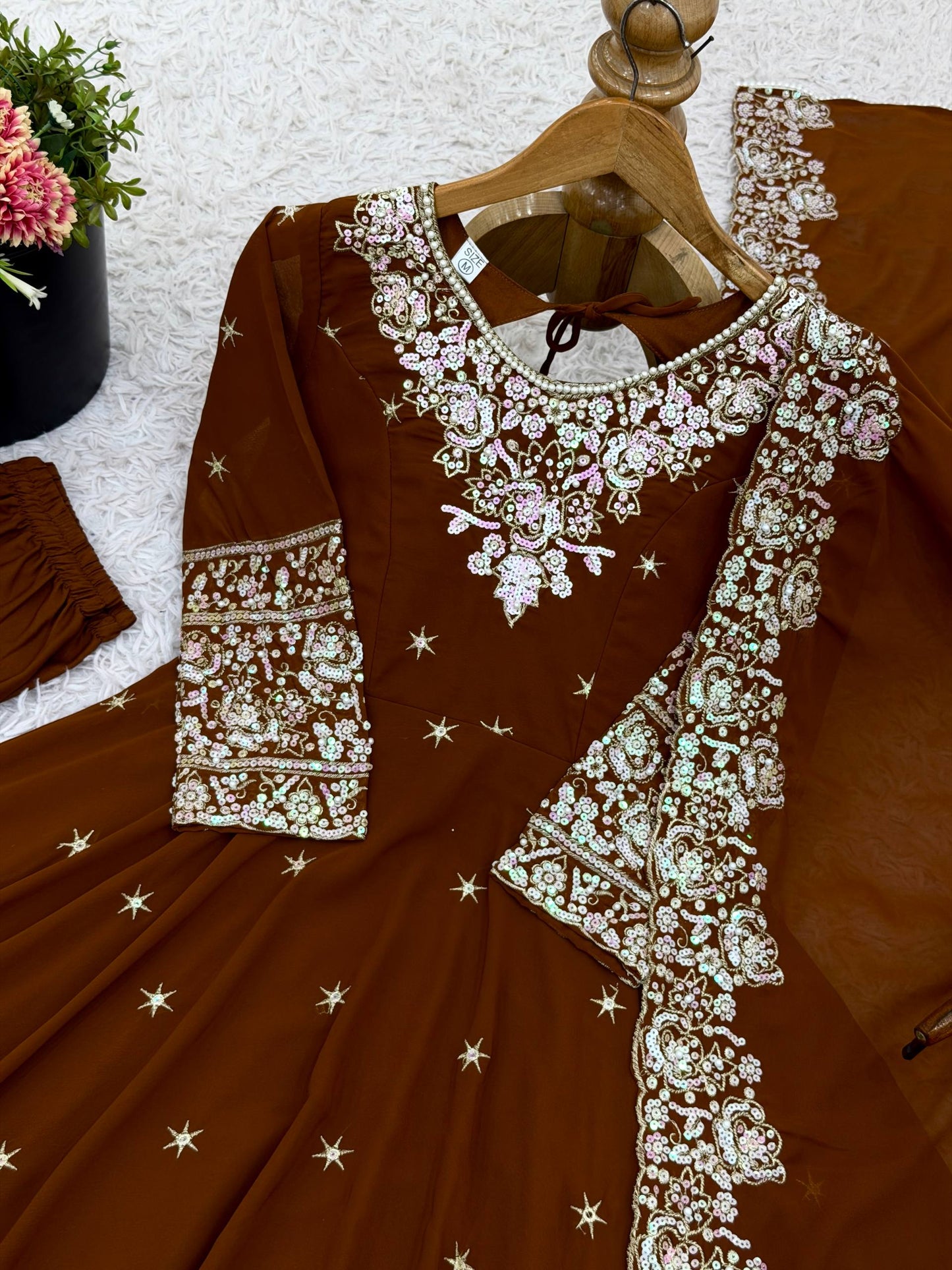 Brown blooming embroidered sequence work gown, bottom & dupatta