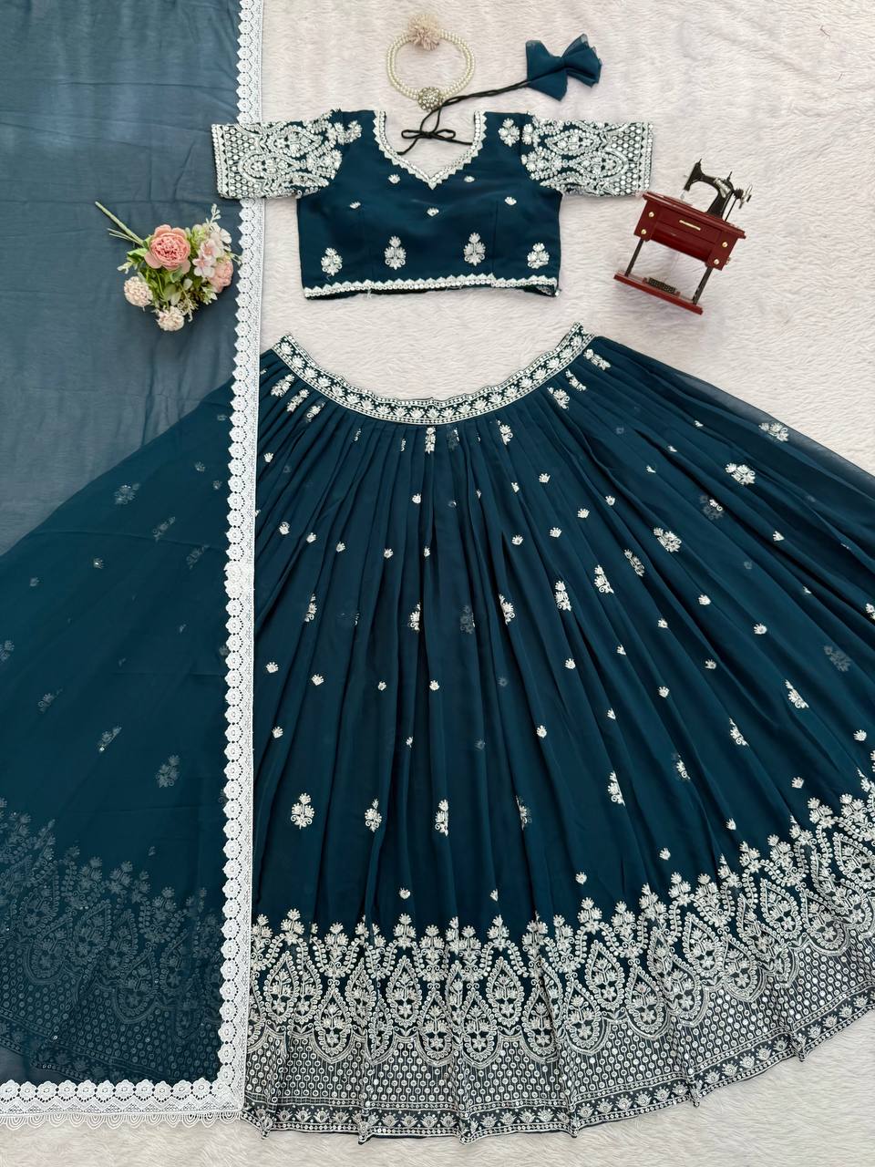 Navy blue foux georgette thread with sequence work lehenga choli