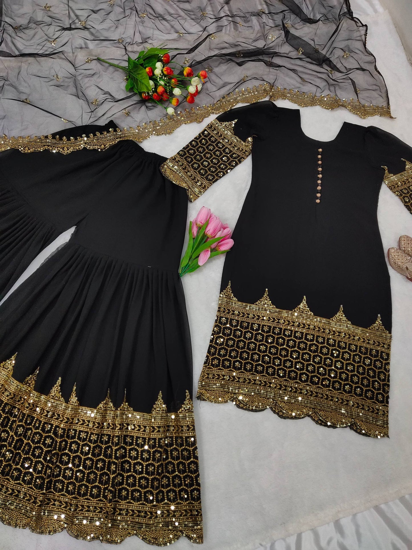 Black faux georgette embroidery sequence work top, sharara & dupatta