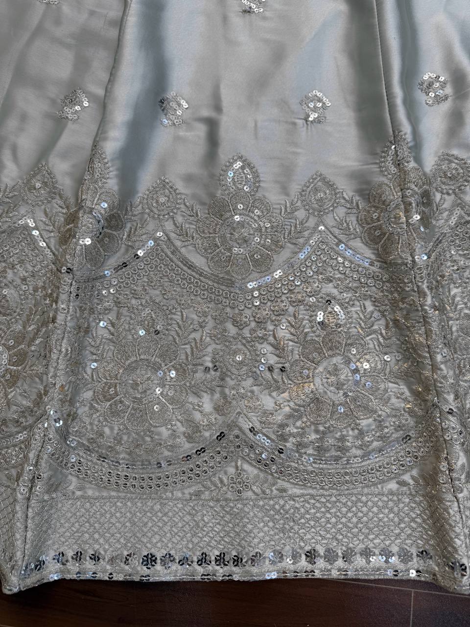 Gray Japan Satin Embroidered Lehenga Choli Set with Butterfly Net Dupatta
