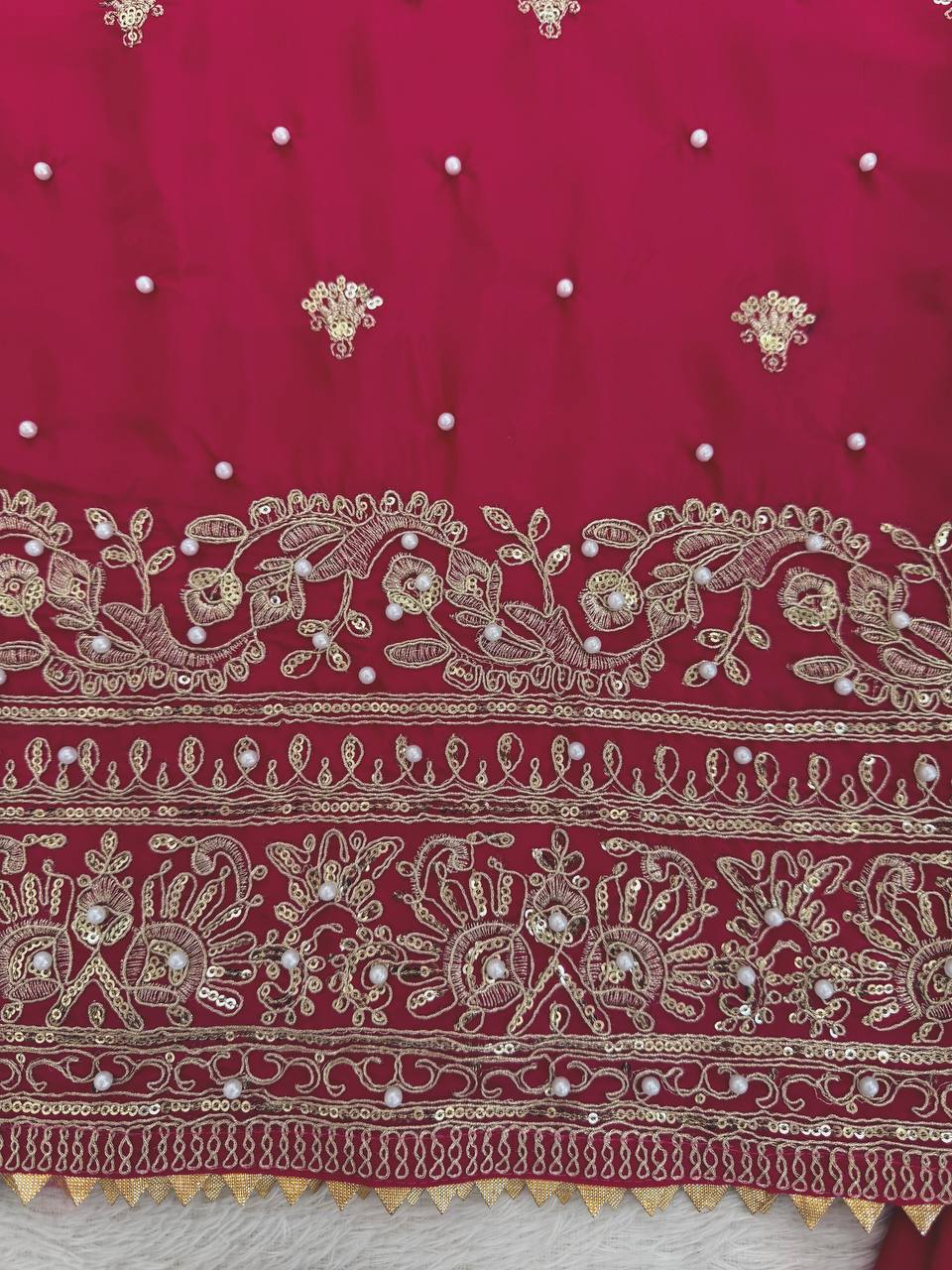 Royal Rani Pink Natural Crepe Thread and Sequence Work Top with Farshi Salwar Set