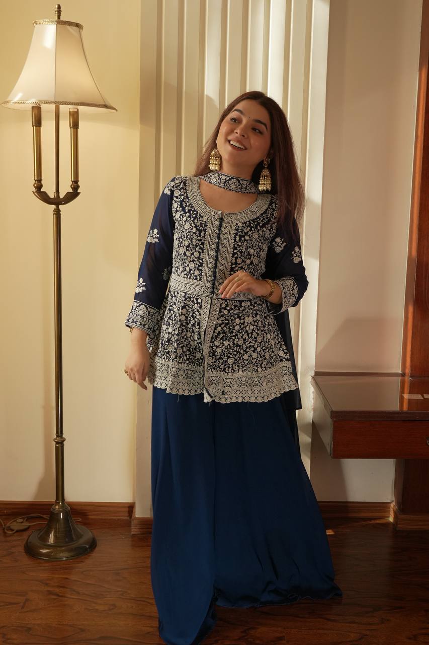 Navy blue Embroidered Georgette Peplum Top Plazzo Set with Dupatta