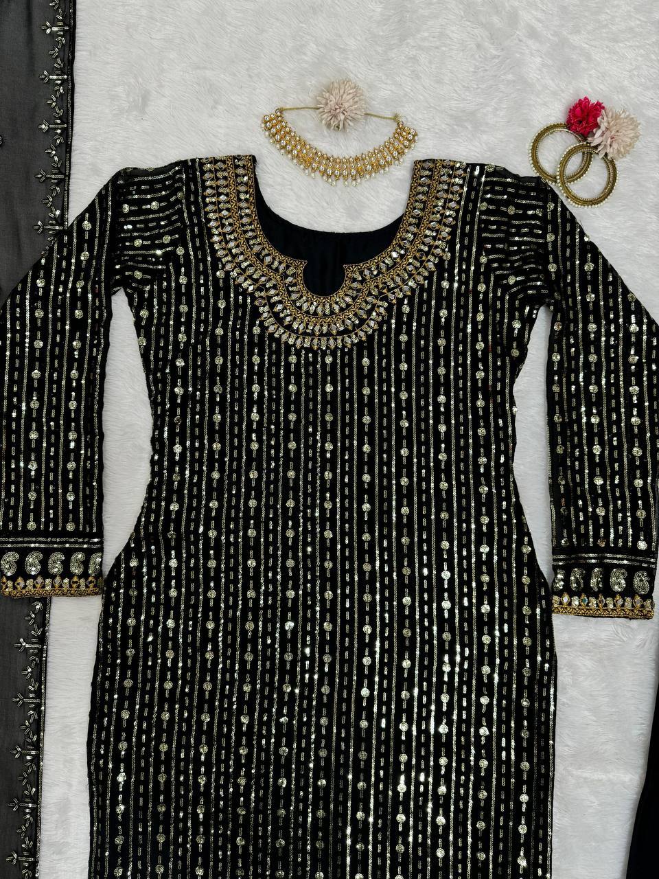 Black Faux Georgette Mirror Work Top with Pant and Embroidered Dupatta