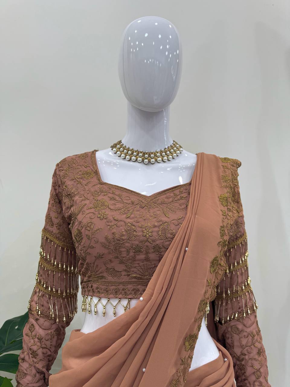 Peach Color Saree with Embroidered Blouse Set