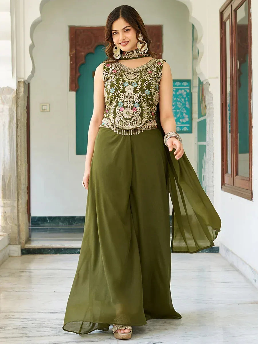 Green Thread Embroidered Mehendi Wear Palazzo Suit